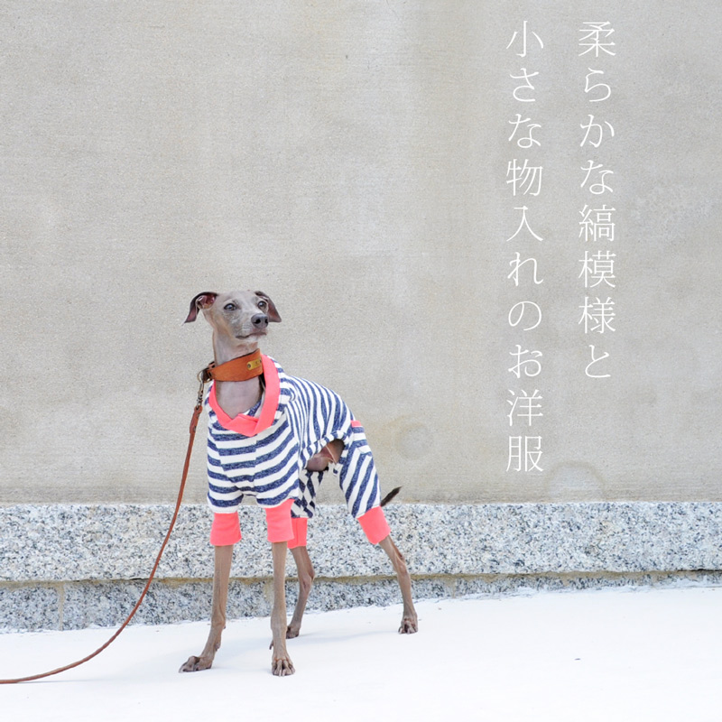 犬服｜柔らかな縞模様と小さな物入れのお洋服｜選べる３タイプ×３カラー（亜麻色/空色/紺青色）