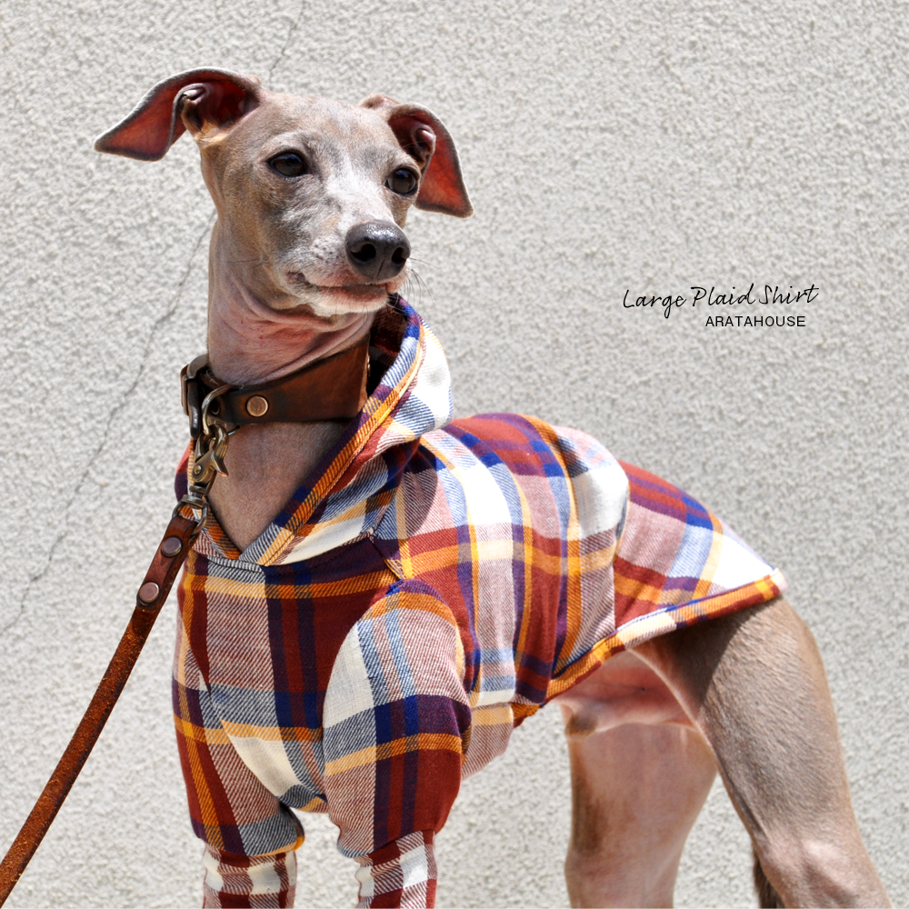 犬服｜ラージチェックシャツ｜日本製コットンダブルガーゼ｜選べる３タイプ×２カラー（ブラウン×オレンジ/ブラック×レッド）